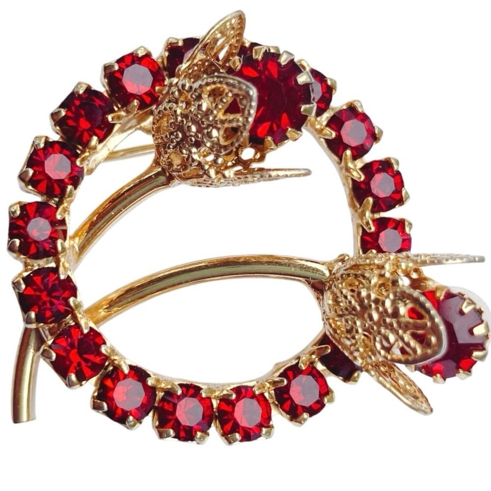 Mid Century Gold Tone Red Glass Floral Brooch Japan Import Vintage Wreath Pin